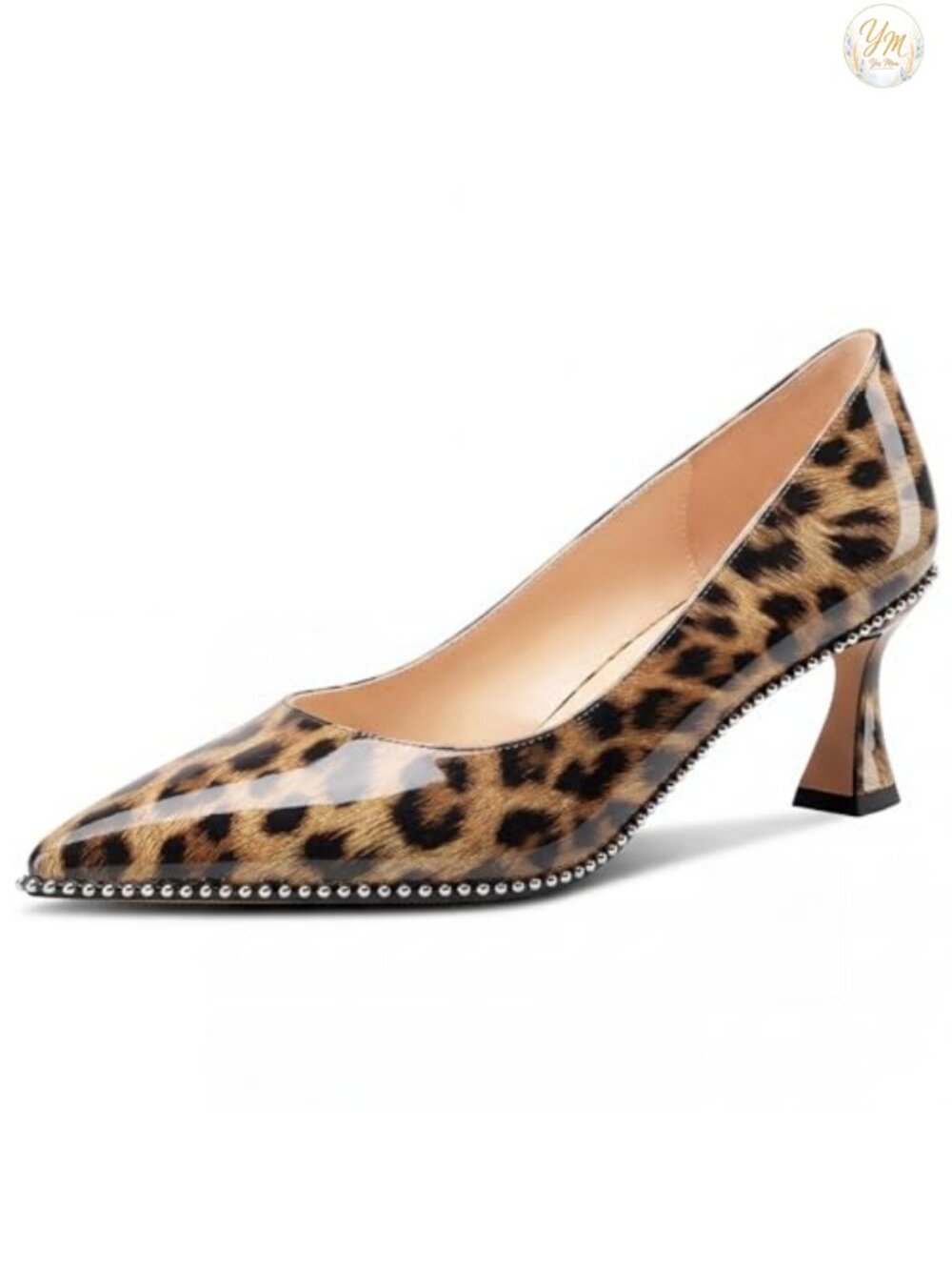 Womens Kitten Heel Pointed Toe Pumps Slip-On Faux Leather Patent Beaded
